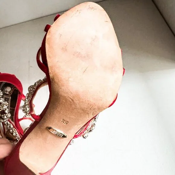 Badgley Mischka coral red satin rhinestone  cocktail heels shoes 5.5 - Picture 8 of 10